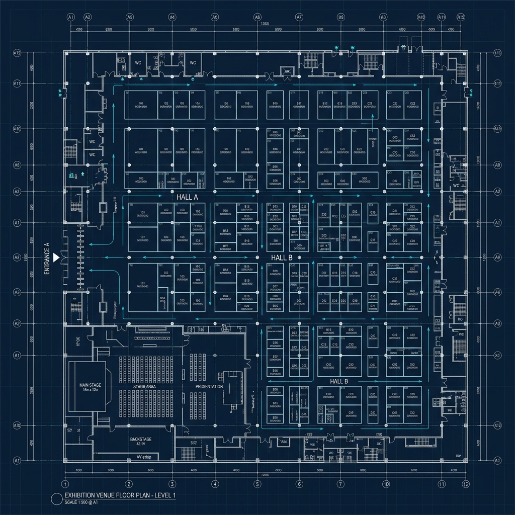 Technical floor plan of the EXPO 2025 exhibition pavilion showing booth layouts and crowd flow paths.