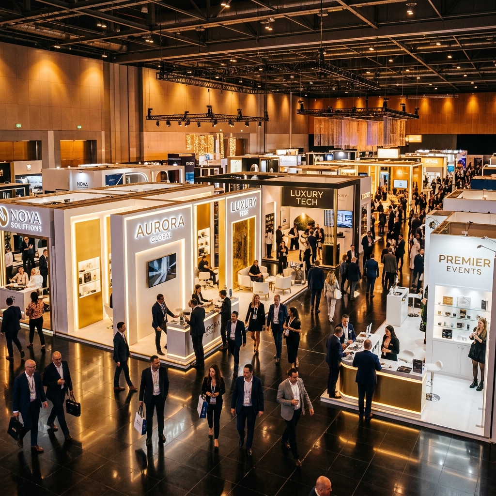 Finished EXPO 2025 exhibition pavilion with elegant booths, golden lighting, and attendees.