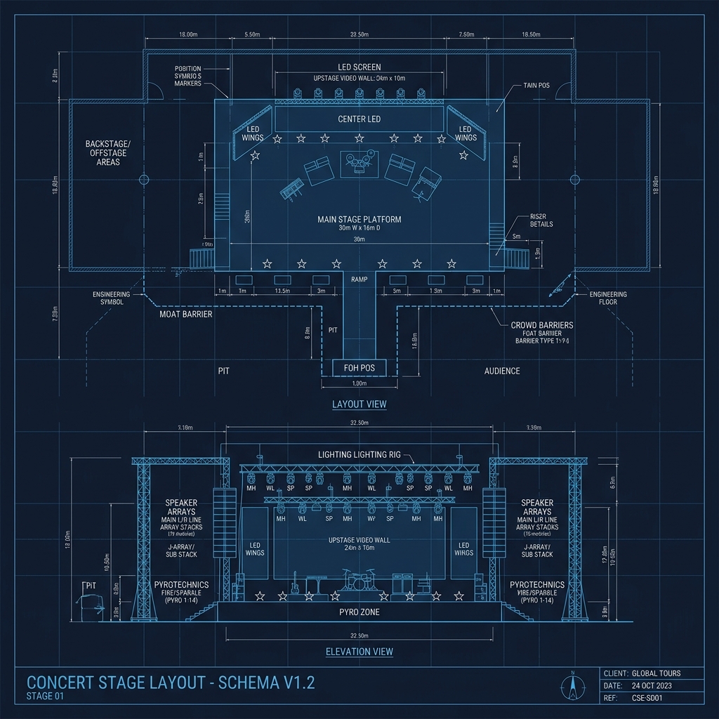 Technical stage schematic showing LED screens, lighting rigs, and speaker arrays.