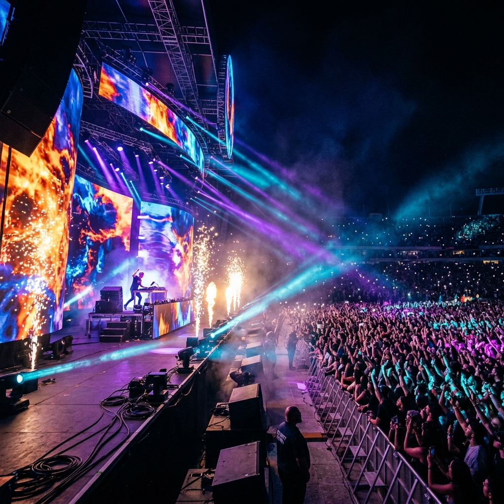 Massive live concert with dramatic stage lighting, pyrotechnics, and huge crowd.