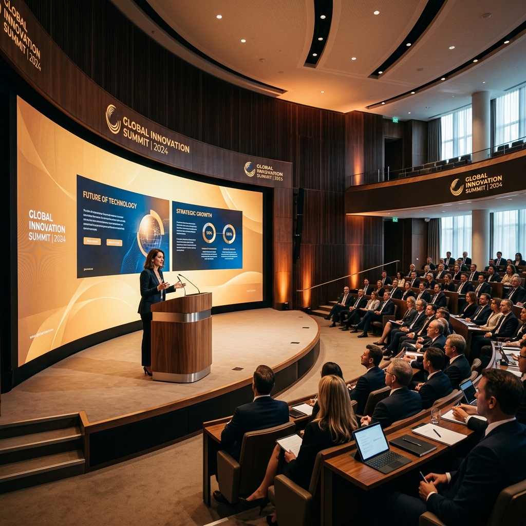Luxury corporate summit with curved LED wall, professional lighting, and executive audience.